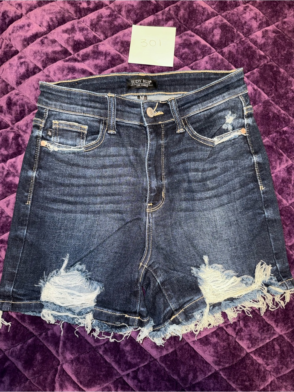 Judy Blue Medium-Dark Wash Distressed Frayed Hem Jean Shorts